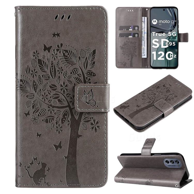 Embossing Butterfly Tree Leather Wallet Case for Motorola Moto G62 5G - Grey