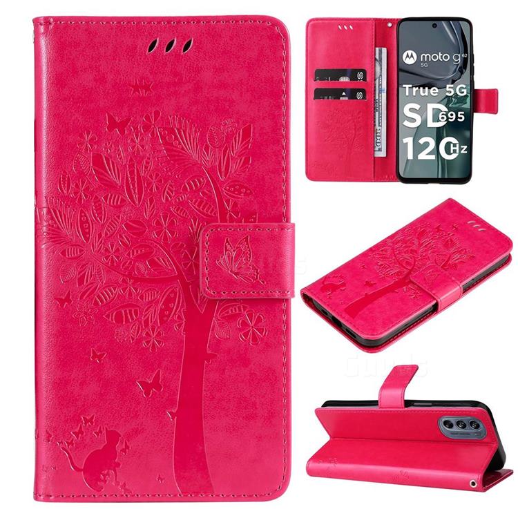 Embossing Butterfly Tree Leather Wallet Case for Motorola Moto G62 5G - Rose