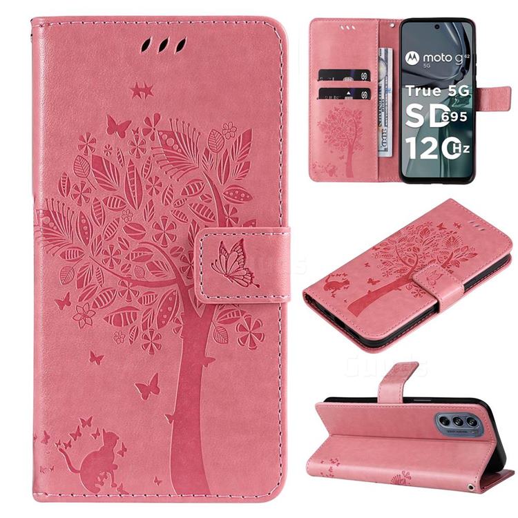 Embossing Butterfly Tree Leather Wallet Case for Motorola Moto G62 5G - Pink