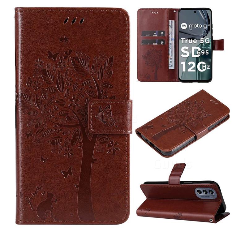 Embossing Butterfly Tree Leather Wallet Case for Motorola Moto G62 5G - Coffee