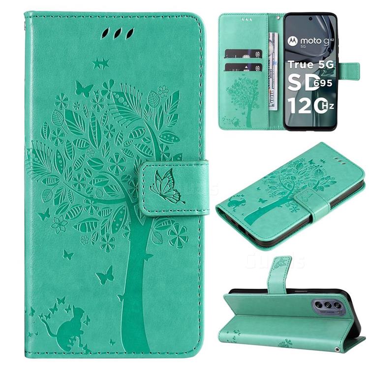 Embossing Butterfly Tree Leather Wallet Case for Motorola Moto G62 5G - Cyan