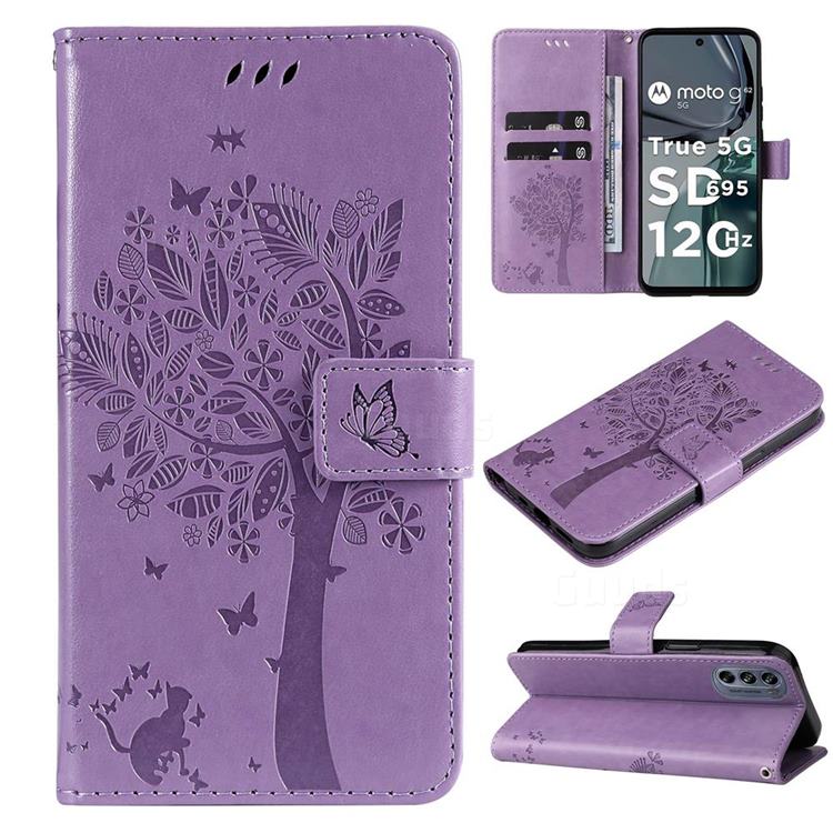 Embossing Butterfly Tree Leather Wallet Case for Motorola Moto G62 5G - Violet