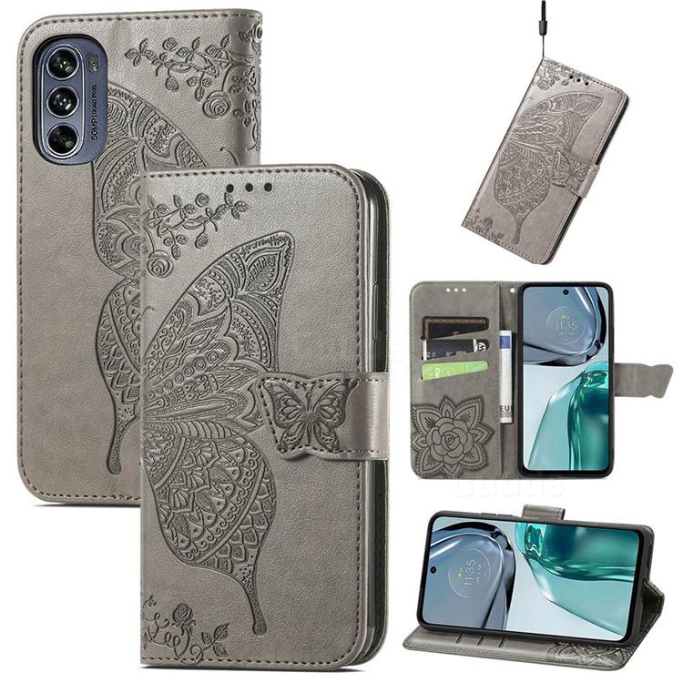 Embossing Mandala Flower Butterfly Leather Wallet Case for Motorola Moto G62 5G - Gray