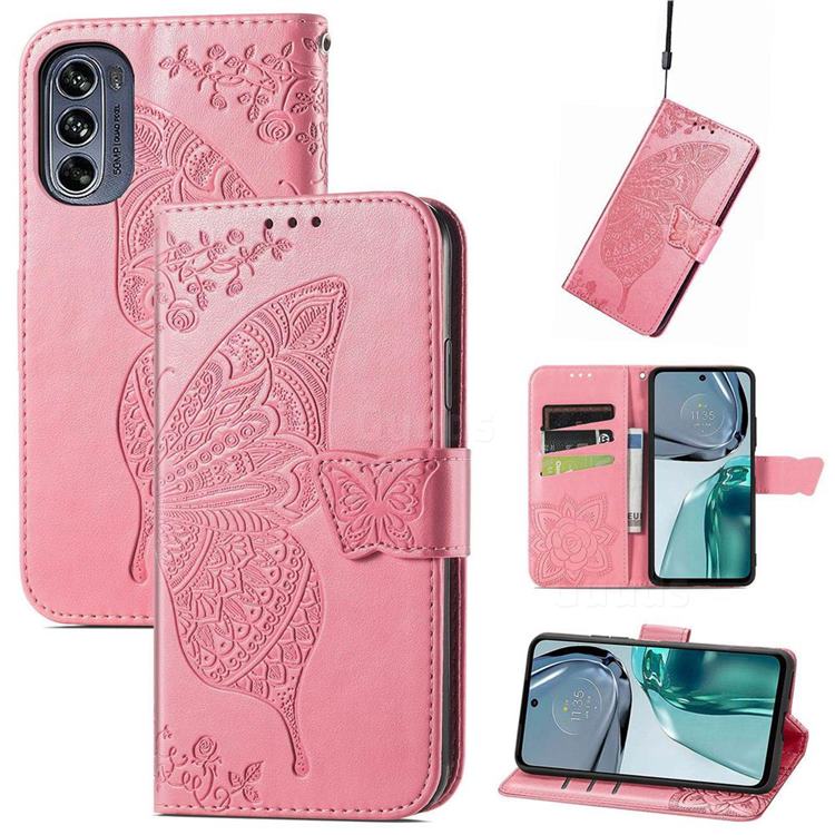 Embossing Mandala Flower Butterfly Leather Wallet Case for Motorola Moto G62 5G - Pink