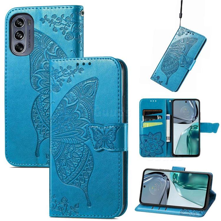 Embossing Mandala Flower Butterfly Leather Wallet Case for Motorola Moto G62 5G - Blue
