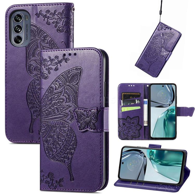 Embossing Mandala Flower Butterfly Leather Wallet Case for Motorola Moto G62 5G - Dark Purple