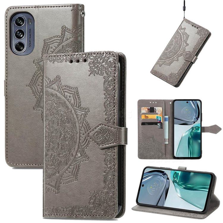 Embossing Imprint Mandala Flower Leather Wallet Case for Motorola Moto G62 5G - Gray