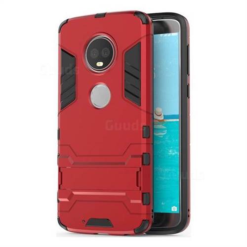 Armor Premium Tactical Grip Kickstand Shockproof Dual Layer Rugged Hard Cover for Motorola Moto G6 Plus G6Plus - Wine Red
