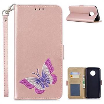 Imprint Embossing Butterfly Leather Wallet Case for Motorola Moto G6 Plus G6Plus - Rose Gold
