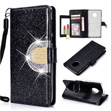 Glitter Diamond Buckle Splice Mirror Leather Wallet Phone Case for Motorola Moto G6 Plus G6Plus - Black
