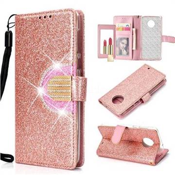 Glitter Diamond Buckle Splice Mirror Leather Wallet Phone Case for Motorola Moto G6 Plus G6Plus - Rose Gold