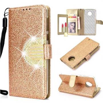 Glitter Diamond Buckle Splice Mirror Leather Wallet Phone Case for Motorola Moto G6 Plus G6Plus - Golden