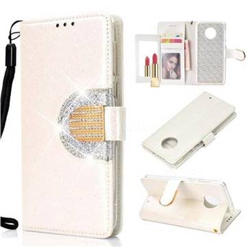 Glitter Diamond Buckle Splice Mirror Leather Wallet Phone Case for Motorola Moto G6 Plus G6Plus - White