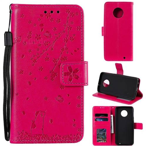 Embossing Cherry Blossom Cat Leather Wallet Case for Motorola Moto G6 Plus G6Plus - Rose
