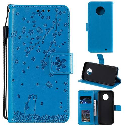 Embossing Cherry Blossom Cat Leather Wallet Case for Motorola Moto G6 Plus G6Plus - Blue