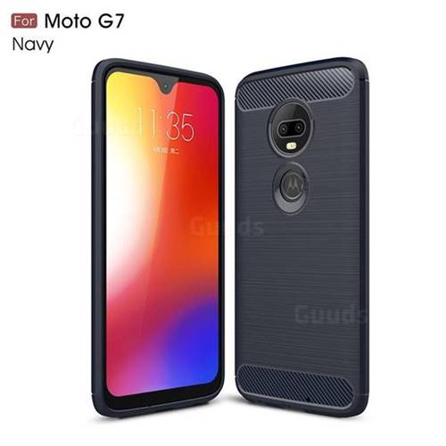 Luxury Carbon Fiber Brushed Wire Drawing Silicone TPU Back Cover for Motorola Moto G7 / G7 Plus - Navy