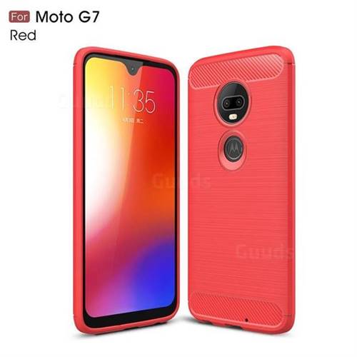 Luxury Carbon Fiber Brushed Wire Drawing Silicone TPU Back Cover for Motorola Moto G7 / G7 Plus - Red