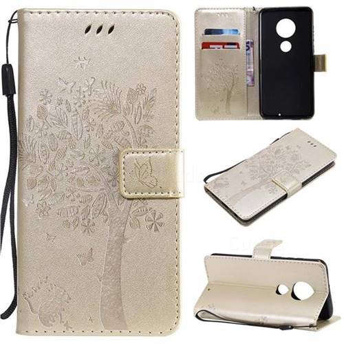 Embossing Butterfly Tree Leather Wallet Case for Motorola Moto G7 / G7 Plus - Champagne