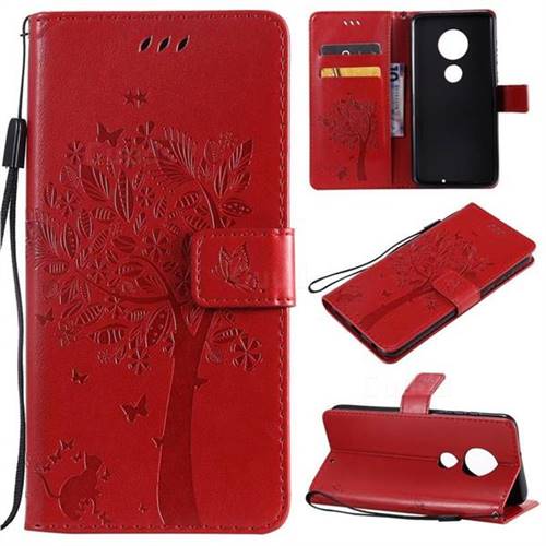 Embossing Butterfly Tree Leather Wallet Case for Motorola Moto G7 / G7 Plus - Red
