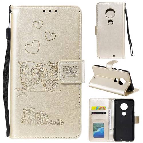 Embossing Owl Couple Flower Leather Wallet Case for Motorola Moto G7 / G7 Plus - Golden