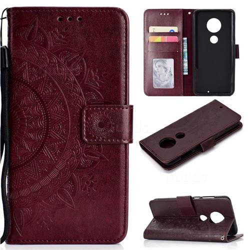 Intricate Embossing Datura Leather Wallet Case for Motorola Moto G7 / G7 Plus - Brown