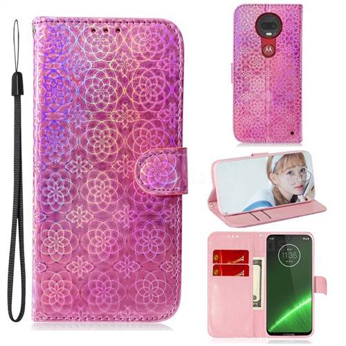 Laser Circle Shining Leather Wallet Phone Case for Motorola Moto G7 / G7 Plus - Pink