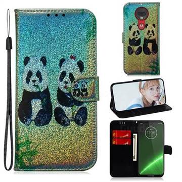 Two Pandas Laser Shining Leather Wallet Phone Case for Motorola Moto G7 / G7 Plus