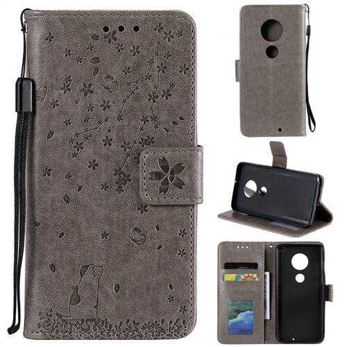 Embossing Cherry Blossom Cat Leather Wallet Case for Motorola Moto G7 / G7 Plus - Gray