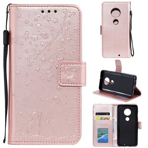 Embossing Cherry Blossom Cat Leather Wallet Case for Motorola Moto G7 / G7 Plus - Rose Gold