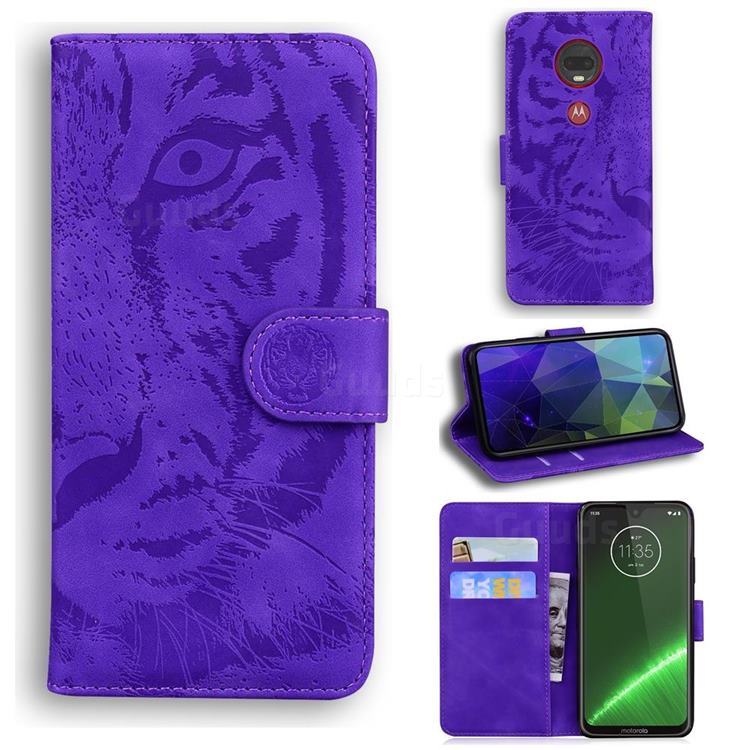 Intricate Embossing Tiger Face Leather Wallet Case for Motorola Moto G7 / G7 Plus - Purple