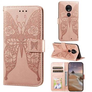 Intricate Embossing Rose Flower Butterfly Leather Wallet Case for Motorola Moto G7 / G7 Plus - Rose Gold