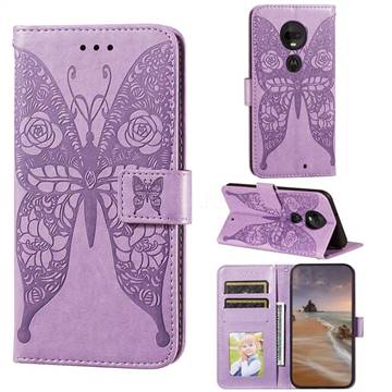 Intricate Embossing Rose Flower Butterfly Leather Wallet Case for Motorola Moto G7 / G7 Plus - Purple