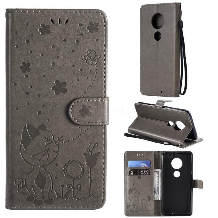 Embossing Bee and Cat Leather Wallet Case for Motorola Moto G7 / G7 Plus - Gray