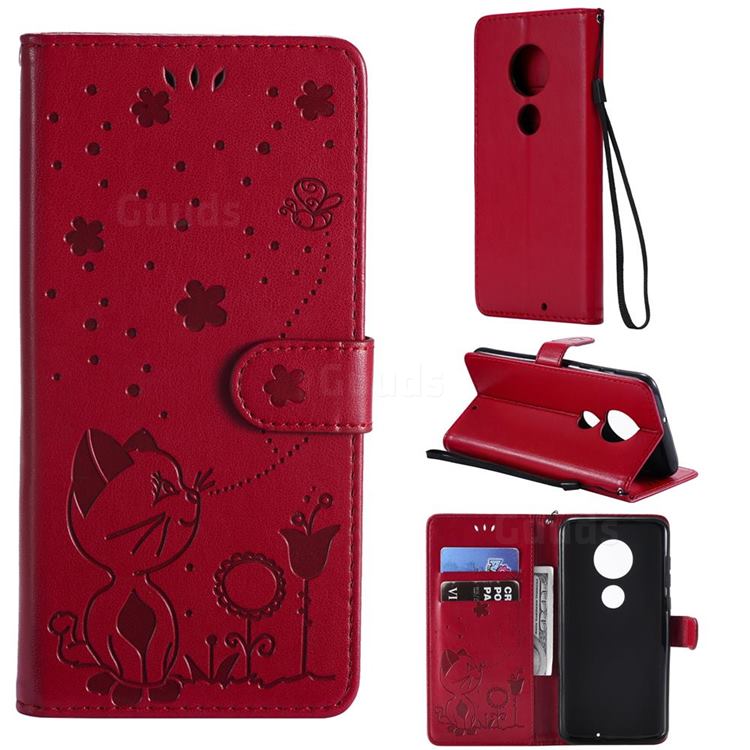 Embossing Bee and Cat Leather Wallet Case for Motorola Moto G7 / G7 Plus - Red
