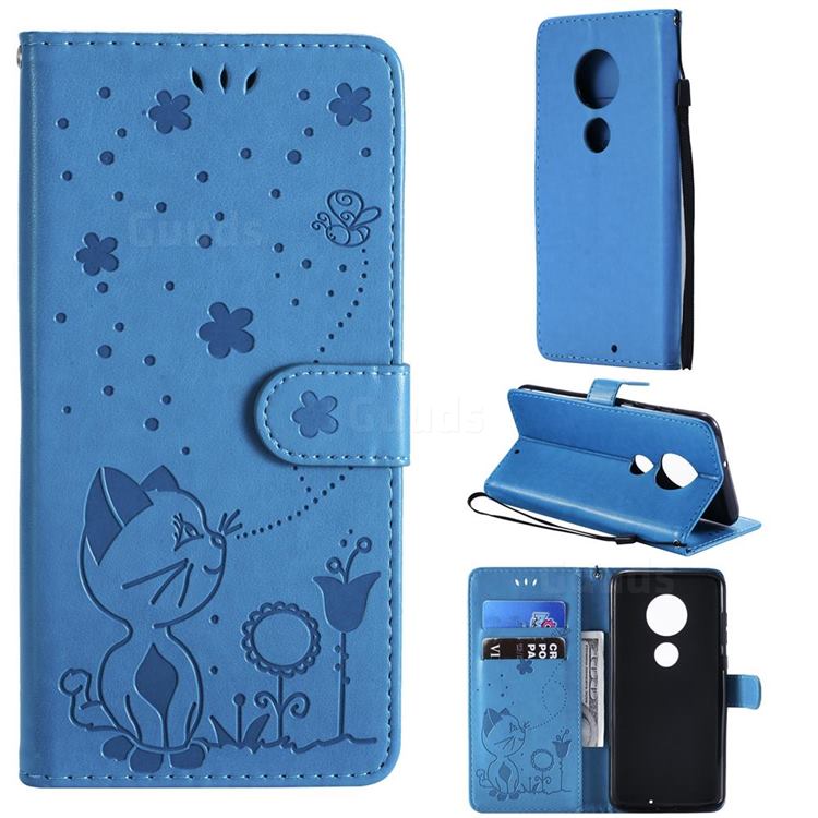 Embossing Bee and Cat Leather Wallet Case for Motorola Moto G7 / G7 Plus - Blue