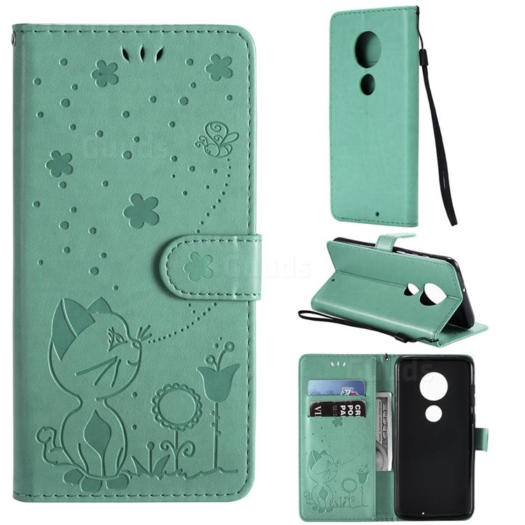Embossing Bee and Cat Leather Wallet Case for Motorola Moto G7 / G7 Plus - Green
