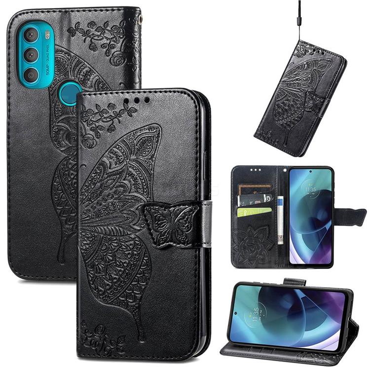 Embossing Mandala Flower Butterfly Leather Wallet Case for Motorola Moto G71 5G - Black