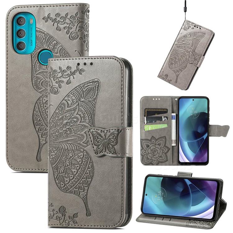Embossing Mandala Flower Butterfly Leather Wallet Case for Motorola Moto G71 5G - Gray