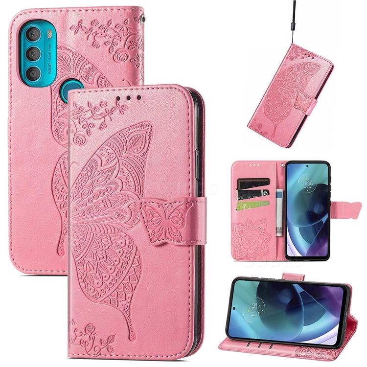 Embossing Mandala Flower Butterfly Leather Wallet Case for Motorola Moto G71 5G - Pink