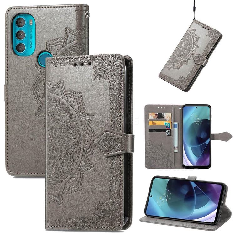 Embossing Imprint Mandala Flower Leather Wallet Case for Motorola Moto G71 5G - Gray