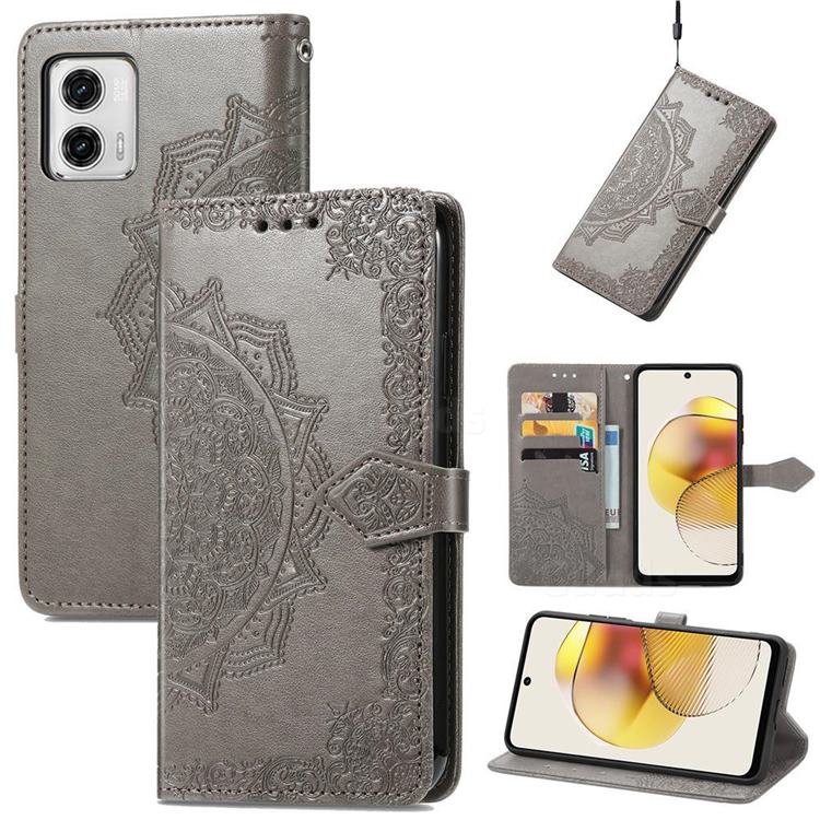 Embossing Imprint Mandala Flower Leather Wallet Case for Motorola Moto G73 5G - Gray