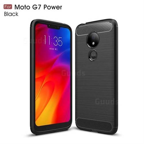 Luxury Carbon Fiber Brushed Wire Drawing Silicone TPU Back Cover for Motorola Moto G7 Power - Black
