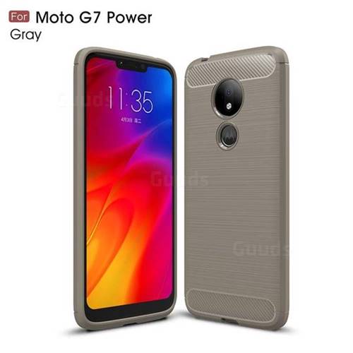 Luxury Carbon Fiber Brushed Wire Drawing Silicone TPU Back Cover for Motorola Moto G7 Power - Gray