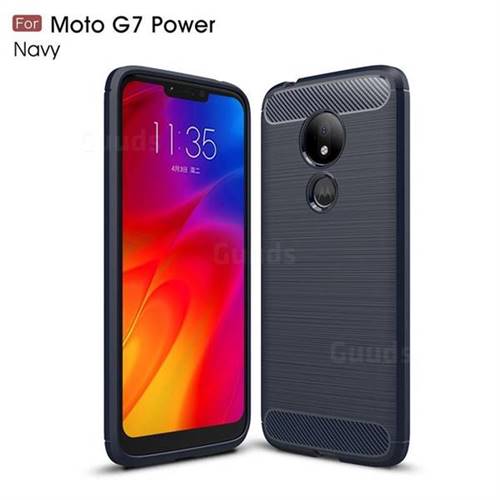 Luxury Carbon Fiber Brushed Wire Drawing Silicone TPU Back Cover for Motorola Moto G7 Power - Navy