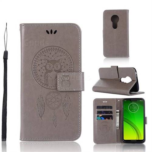 Intricate Embossing Owl Campanula Leather Wallet Case for Motorola Moto G7 Power - Grey