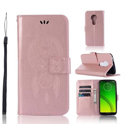 Intricate Embossing Owl Campanula Leather Wallet Case for Motorola Moto G7 Power - Rose Gold
