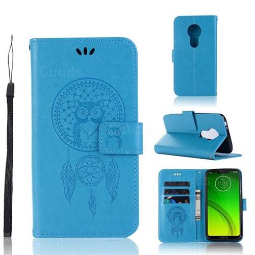 Intricate Embossing Owl Campanula Leather Wallet Case for Motorola Moto G7 Power - Blue