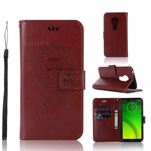 Intricate Embossing Owl Campanula Leather Wallet Case for Motorola Moto G7 Power - Brown