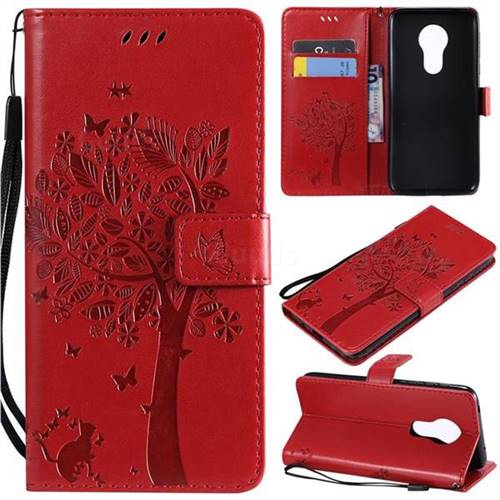 Embossing Butterfly Tree Leather Wallet Case for Motorola Moto G7 Power - Red