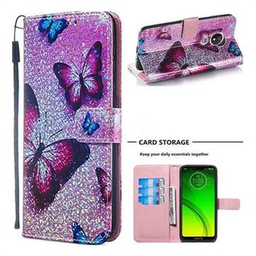 Blue Butterfly Sequins Painted Leather Wallet Case for Motorola Moto G7 Power